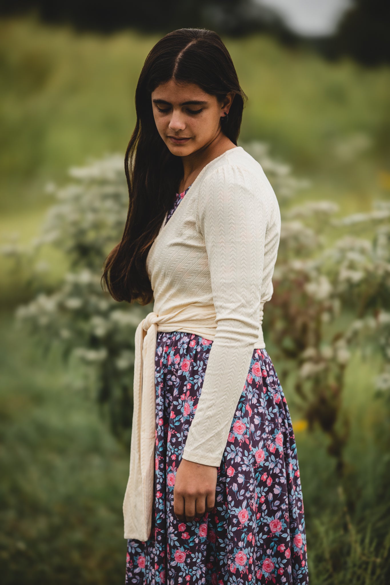 woman wearing a modest nursing floral dress