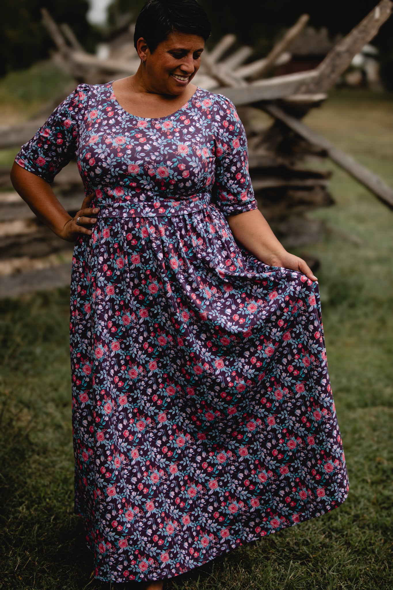woman wearing a modest nursing floral dress