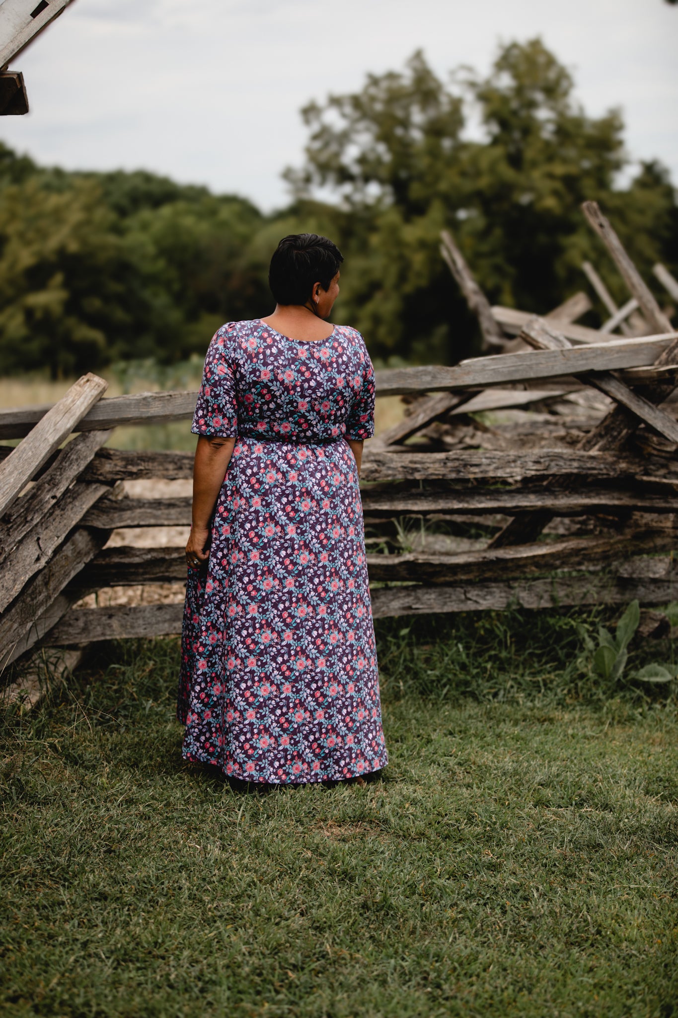 woman wearing a modest nursing floral dress