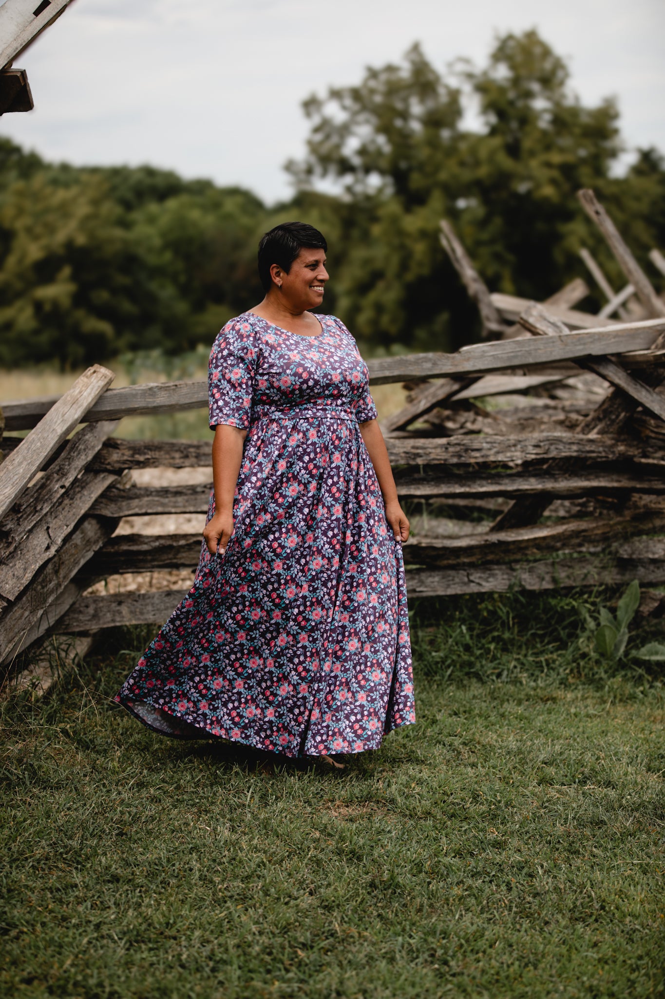 woman wearing a modest nursing floral dress