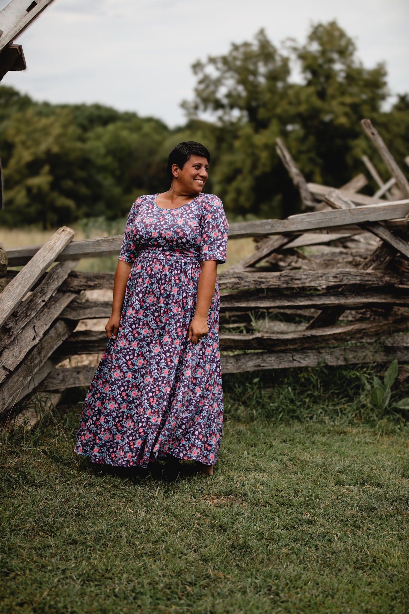 woman wearing a modest nursing floral dress