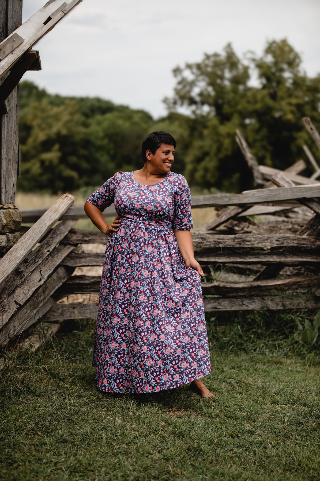woman wearing a modest nursing floral dress