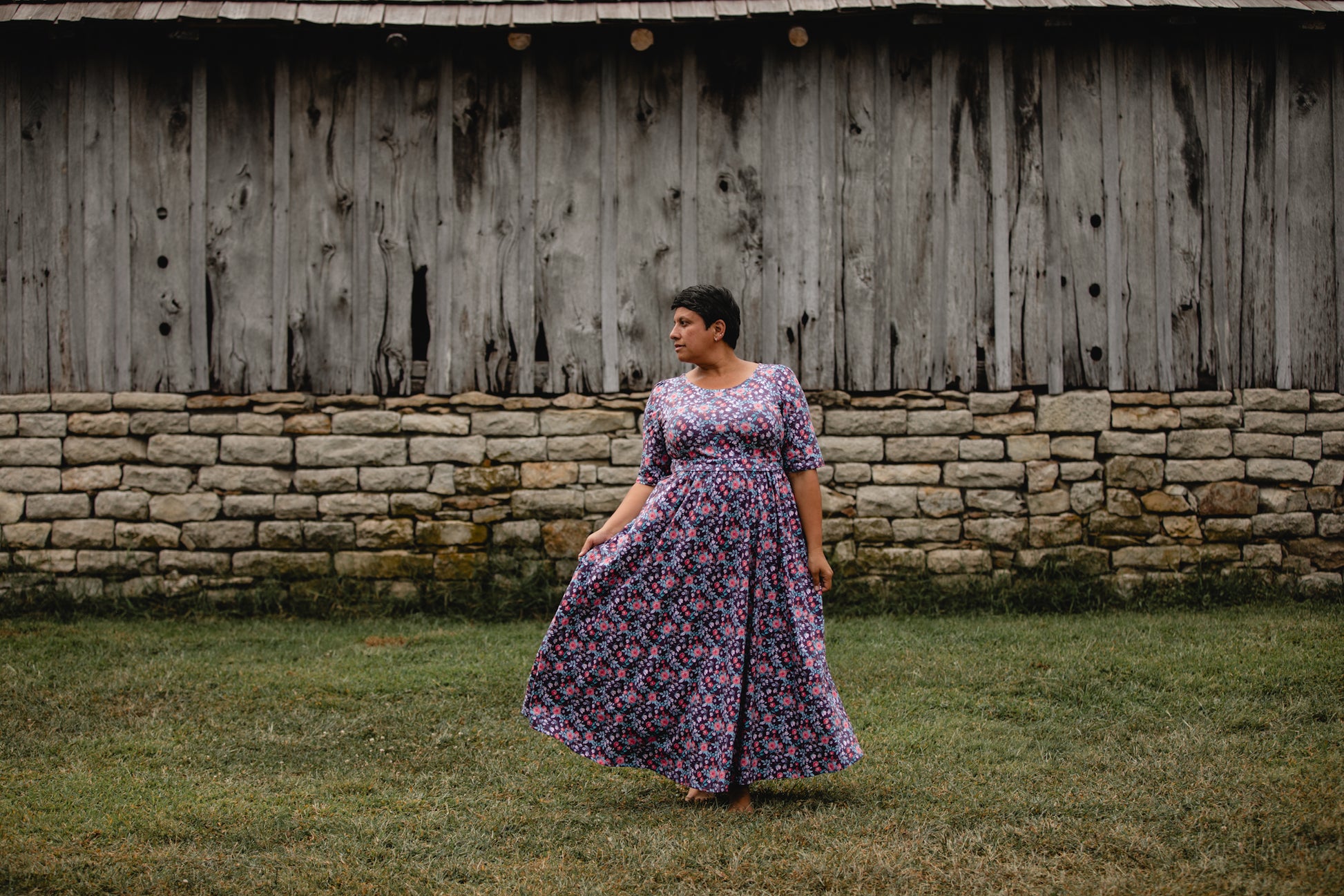 woman wearing a modest nursing floral dress