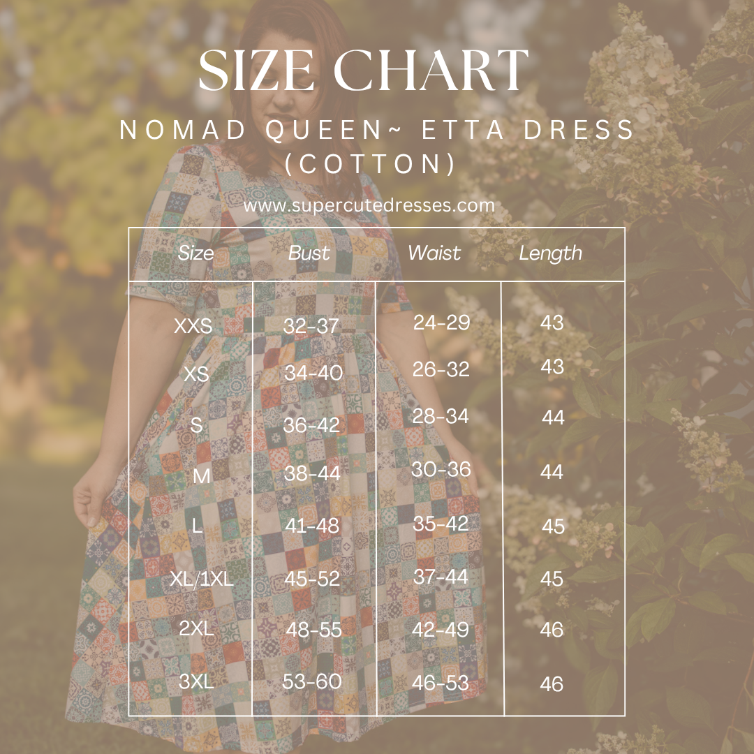 Size chart for 'Nomad Queen Etta Dress' with a blurred background of a person wearing the dress.