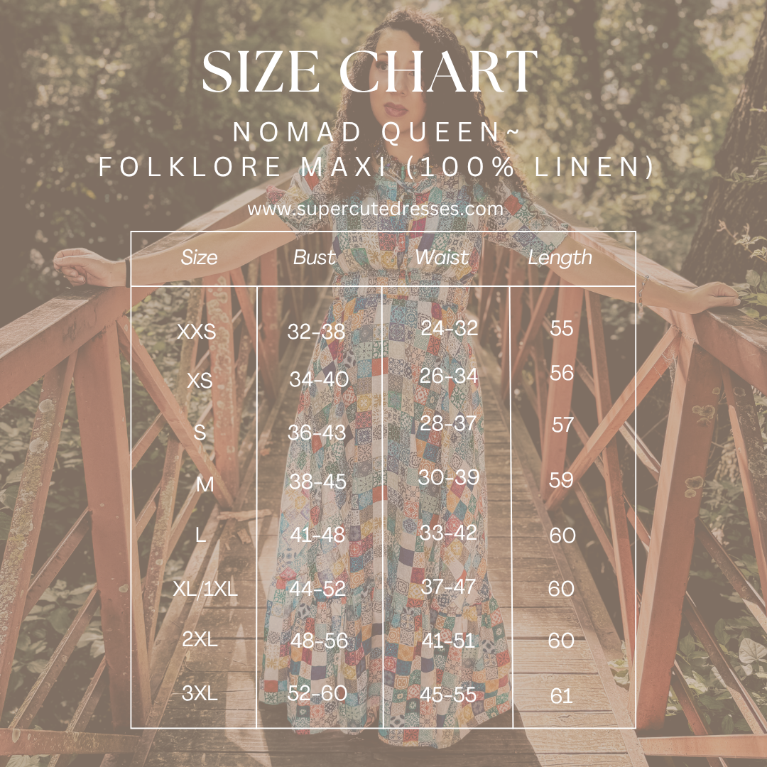 Size chart for 'Nomad Queen Folklore Maxi' dress with a model wearing the dress outdoors.