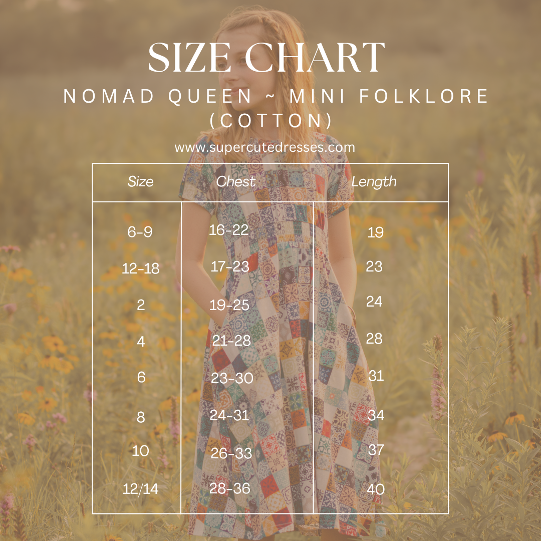 Size chart for 'Nomad Queen ~ Mini Folklore' dress with a model wearing the dress in a field.