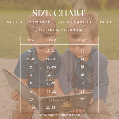 Two boys reading with size chart overlay
