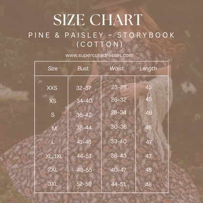 Size chart for Pine & Paisley Storybook dress with a model wearing the dress.