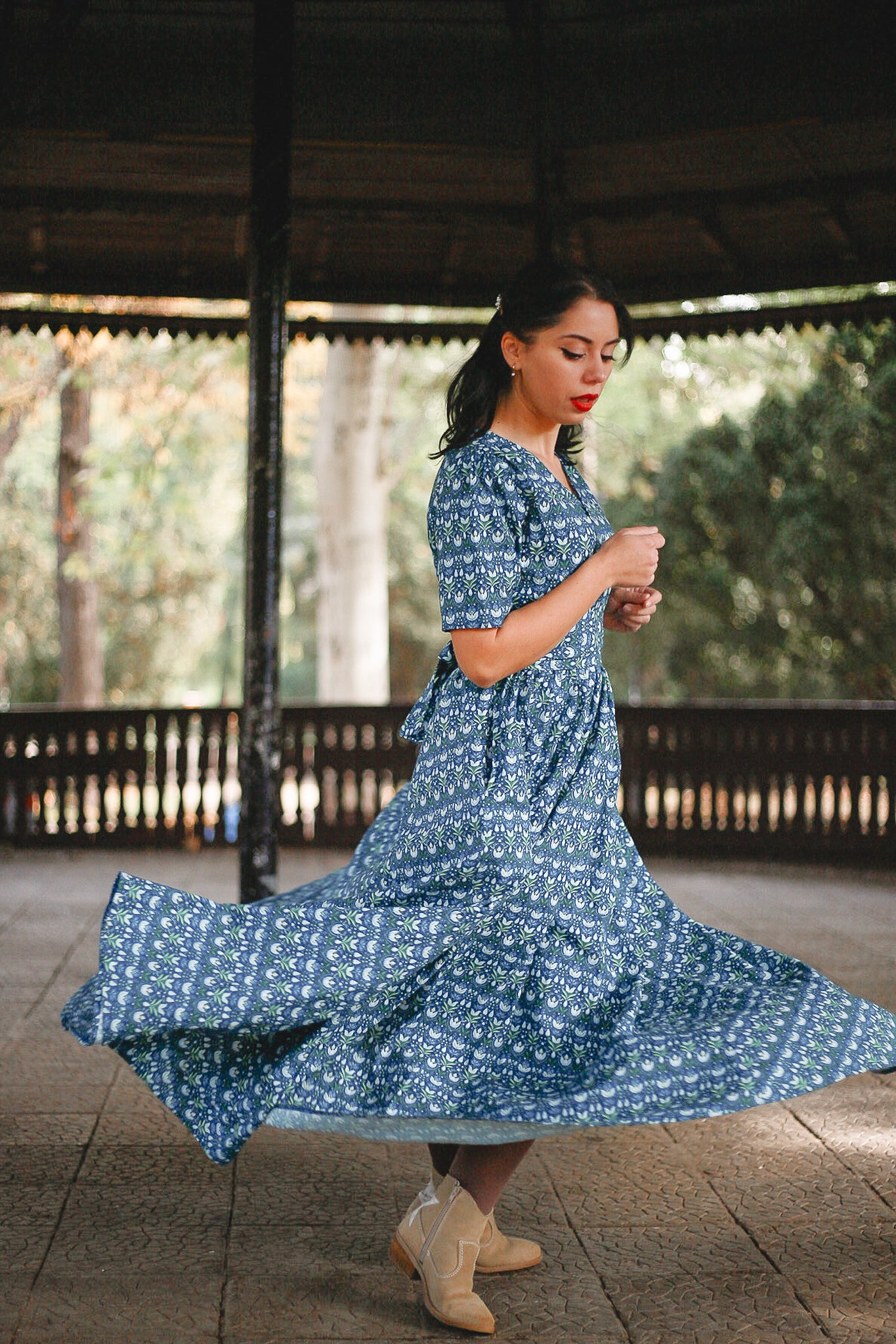 Woman in modest nursing dress outdoors