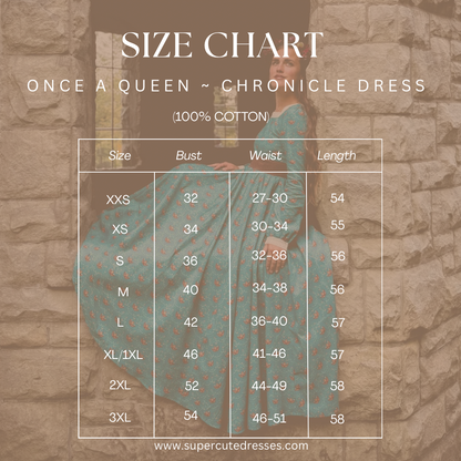 Size chart with woman in modest nursing dress