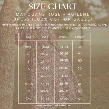 Size chart for Abilene dress