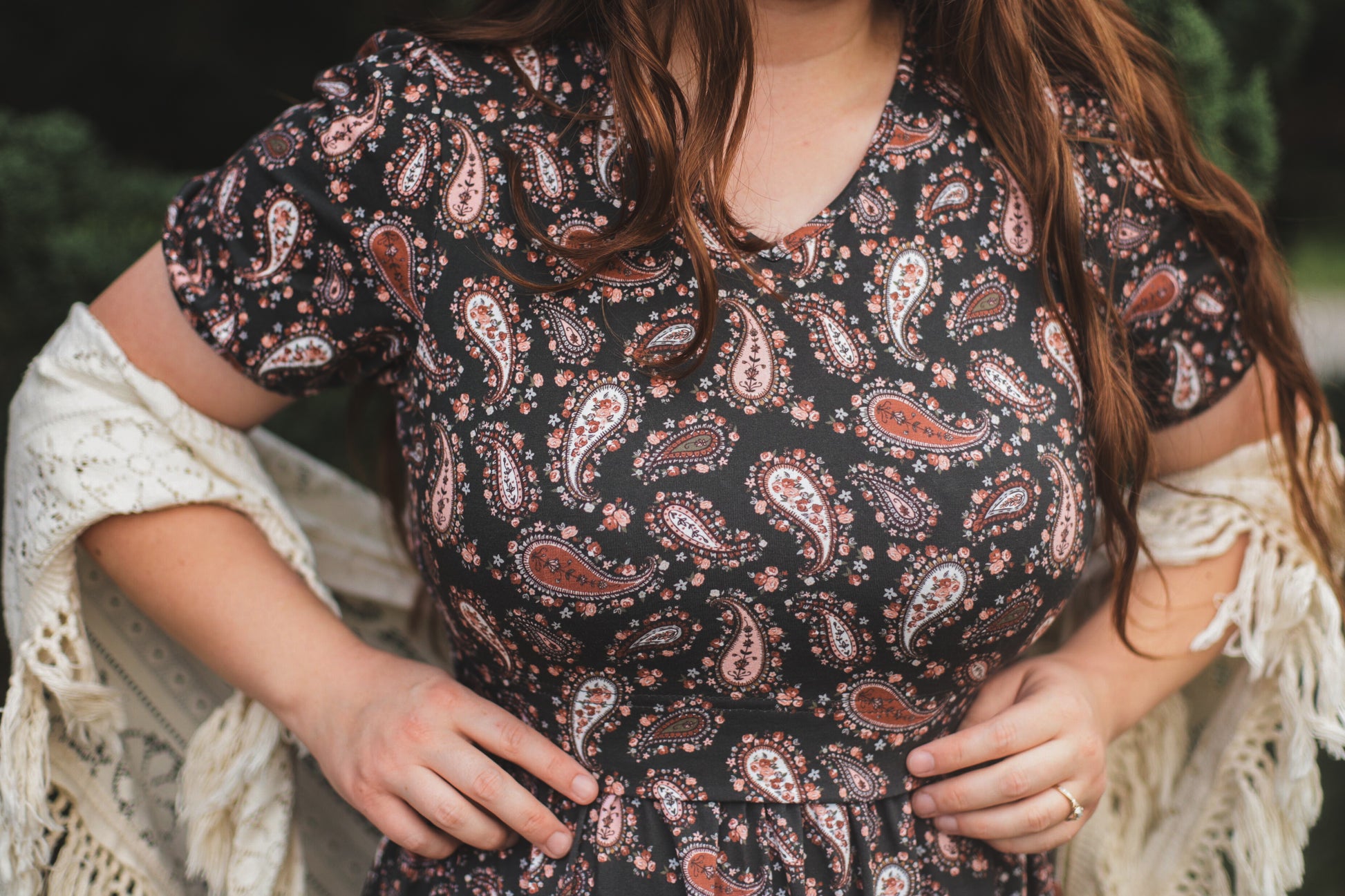 woman wearing a modest nursing floral dress