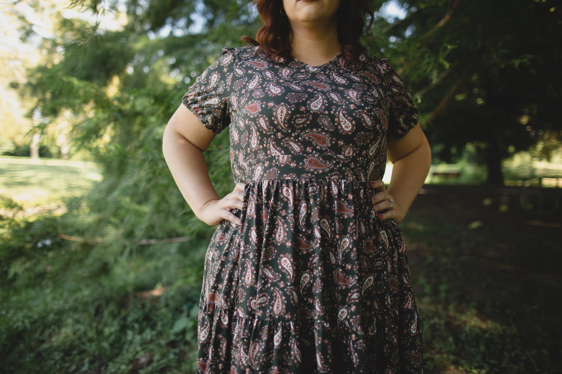 woman wearing a modest nursing floral dress
