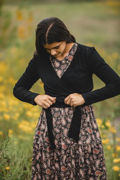 woman wearing a modest nursing floral dress
