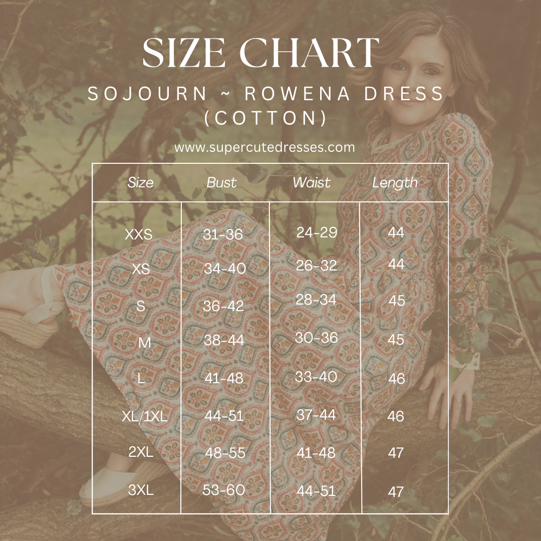 Size chart for Sojourn Rowena Dress with a model wearing the dress in the background.