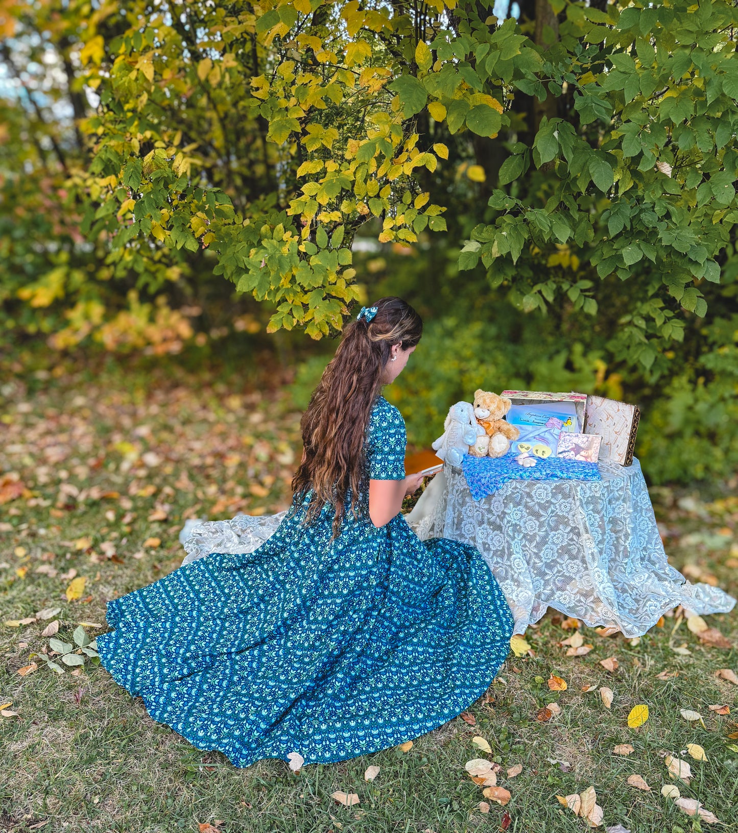 Woman in modest nursing dress outdoors