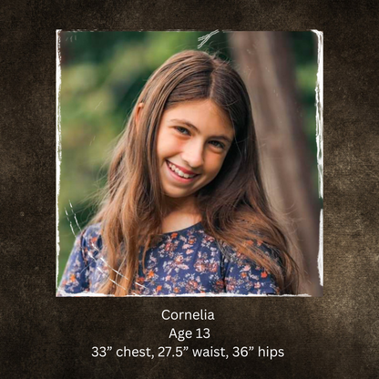 Young girl with long brown hair smiling outdoors, with text indicating her name and measurements.