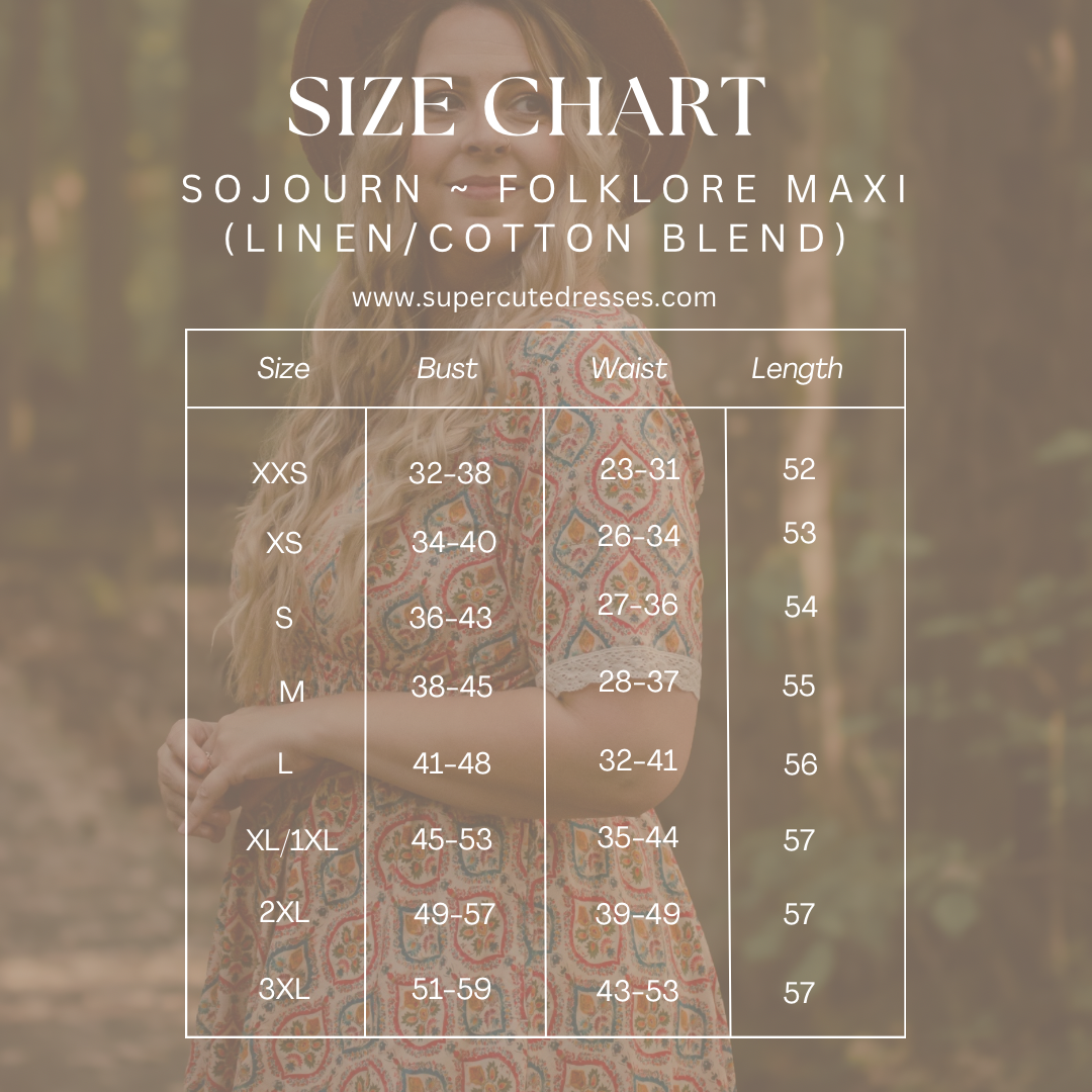 Size chart for 'Folklore Maxi' dress with a blurred background
