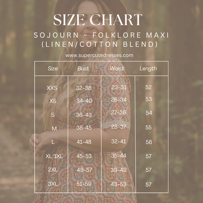 Size chart for 'Folklore Maxi' dress with a blurred background