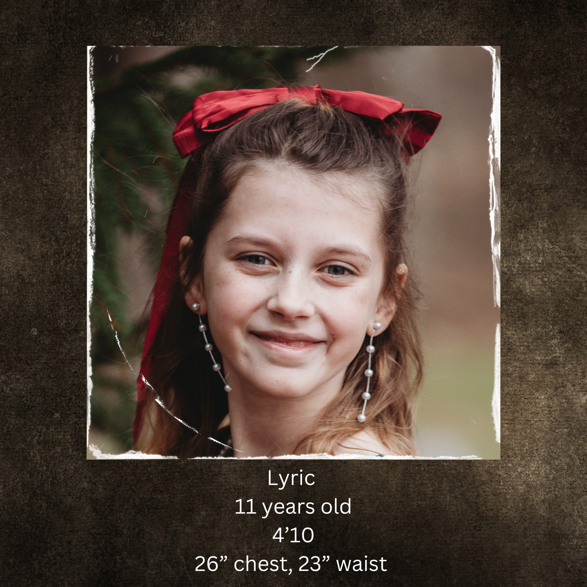 Young girl with a red bow in her hair on a textured brown background