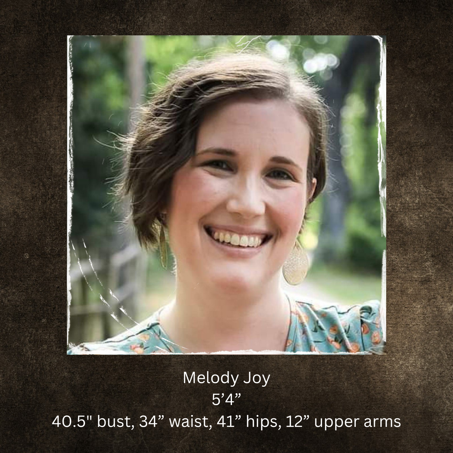 Woman smiling outdoors, model measurements listed