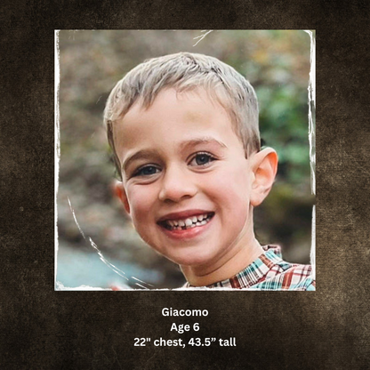 Young boy with a blurred natural background, labeled 'Giacomo Age 6'.