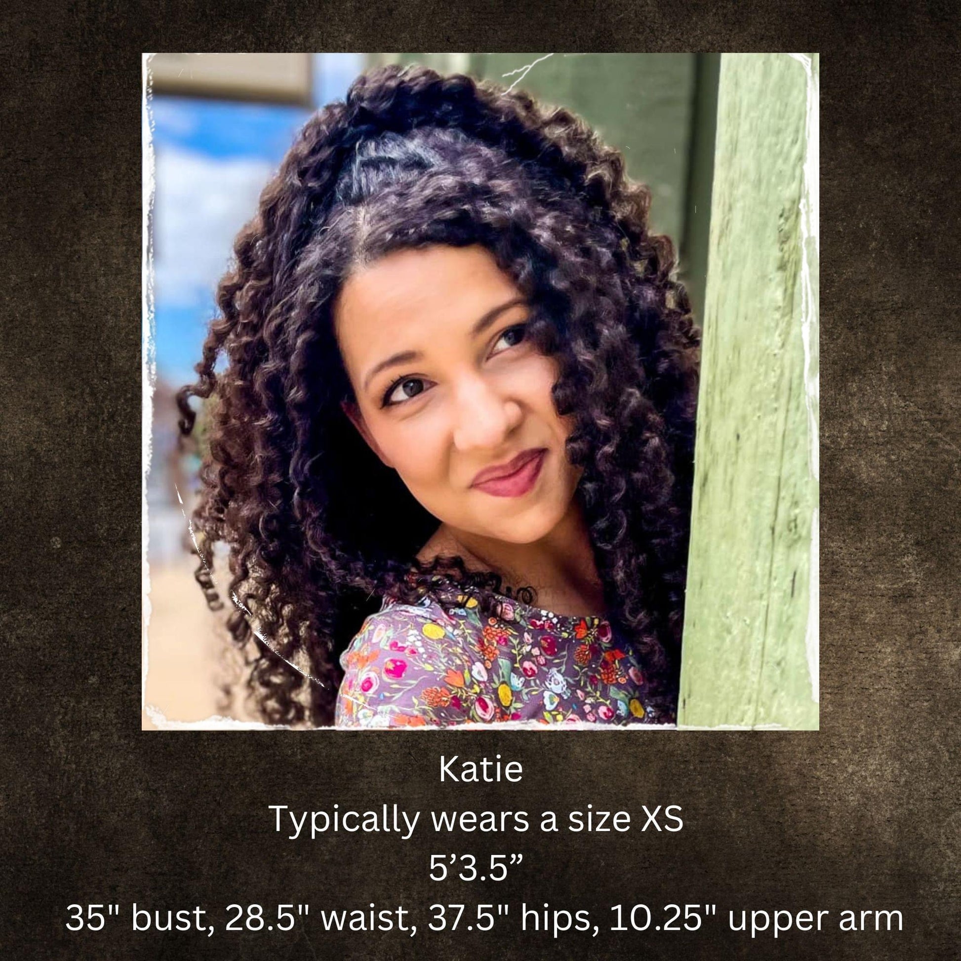 Woman with curly hair peeking from behind a wooden post, with text about her measurements wearing a modest nursing dress
