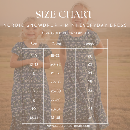 Size chart with two children in Nordic Snowdrop dresses