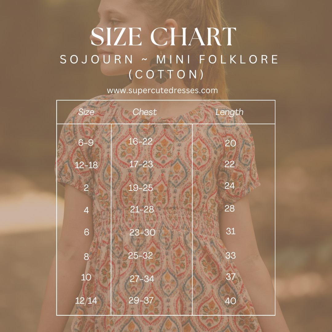 Size chart featuring modest dress measurements