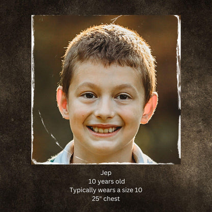 Boy's name, age, and size reference.