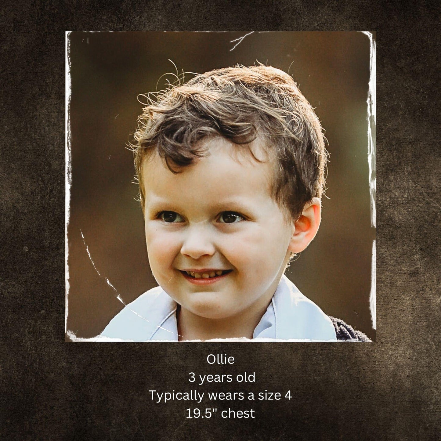 Boy's name, age, and size reference.