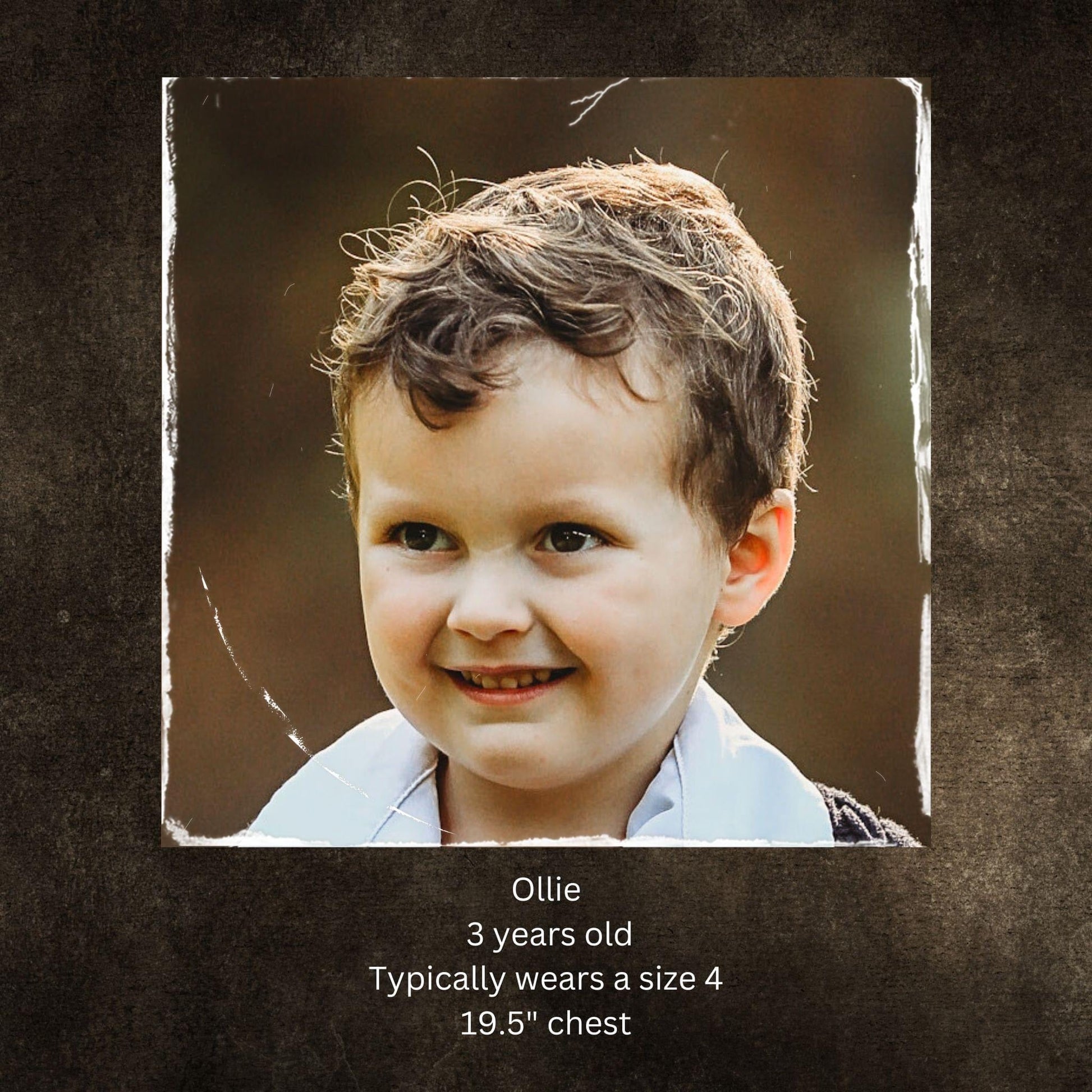 Boy's name, age, and size reference.