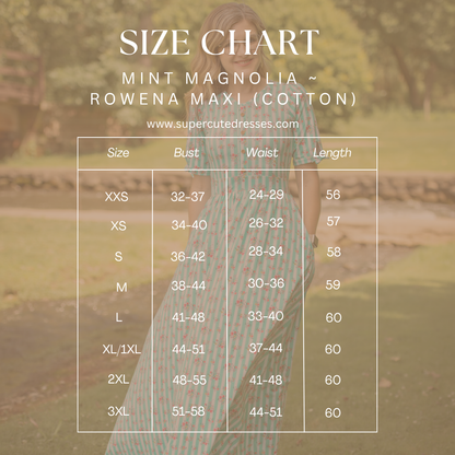 Size chart overlay on a blurred background of a woman wearing a modest dress.