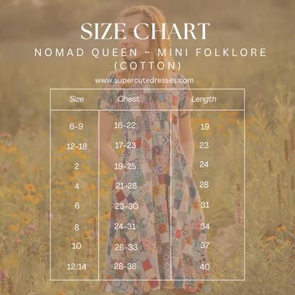 Size chart for 'Nomad Queen ~ Mini Folklore' dress with a model wearing the dress in a field.